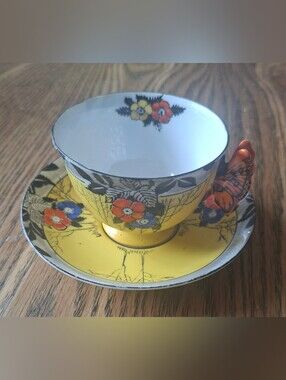 Vintage 1940's Beautiful Deco Teacup And Saucer With Buterfly Handles Unmarked